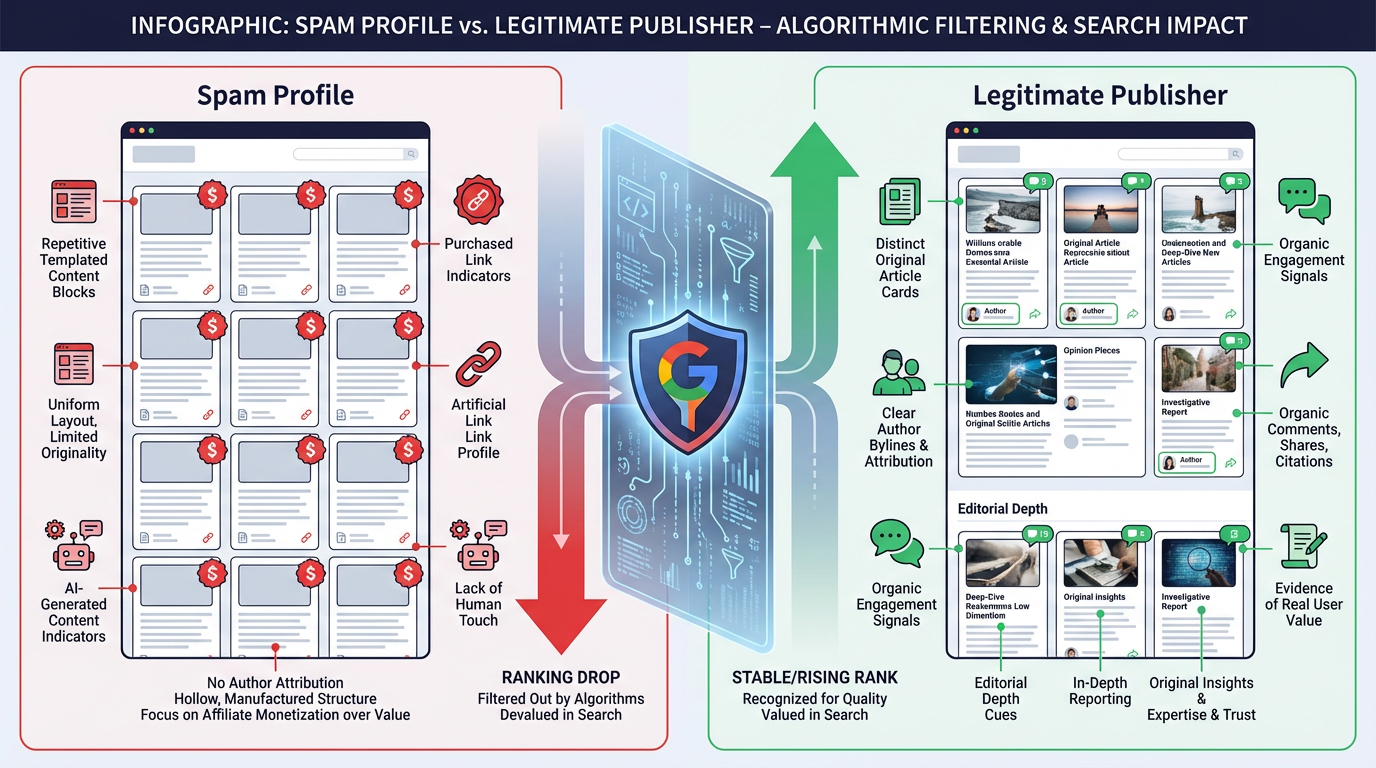 Comparison of spam site vs legitimate site affected by Google spam update