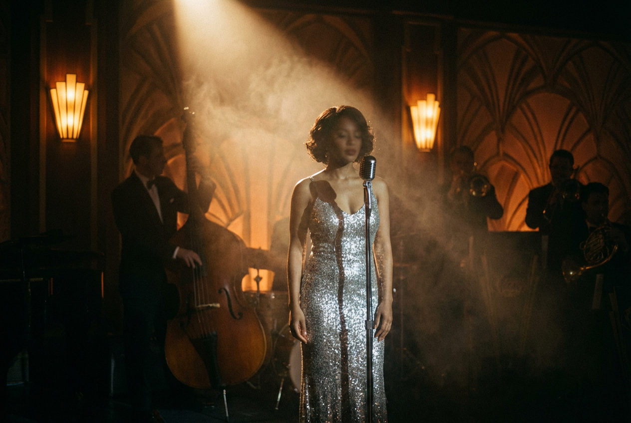 A smoky 1940s jazz club interior with a female singer in a shimmering silver gown standing at a vintage microphone, jazz band silhouettes in warm amber background lighting, Art Deco wall details, haze drifting through a single spotlight beam, deep shadows and moody atmosphere