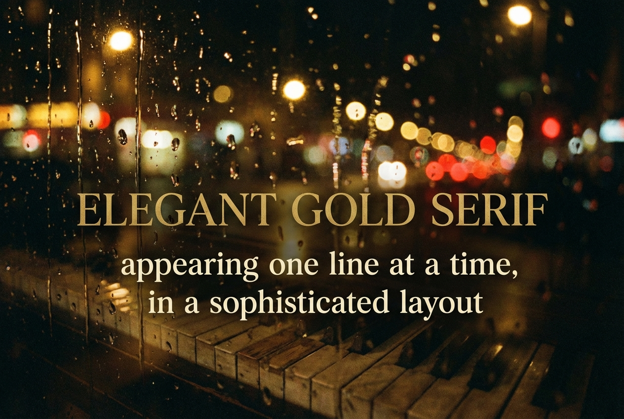 Elegant gold serif typography floating over a dark background of a rain-streaked city window at night, warm bokeh lights visible through wet glass, piano keys subtly reflected in the raindrops, vintage cream-colored text appearing one line at a time in a sophisticated layout