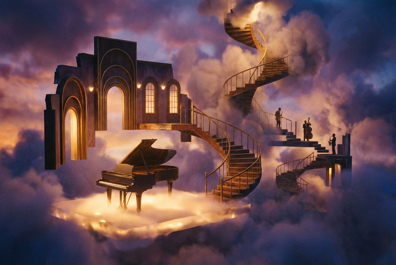 A surreal floating jazz club in a cloudscape at twilight, a grand piano hovering on a platform of soft golden light, impossible architecture with staircases spiraling into purple-blue clouds, tiny figures of jazz musicians playing on different levels of the dreamscape, warm amber and cool indigo lighting