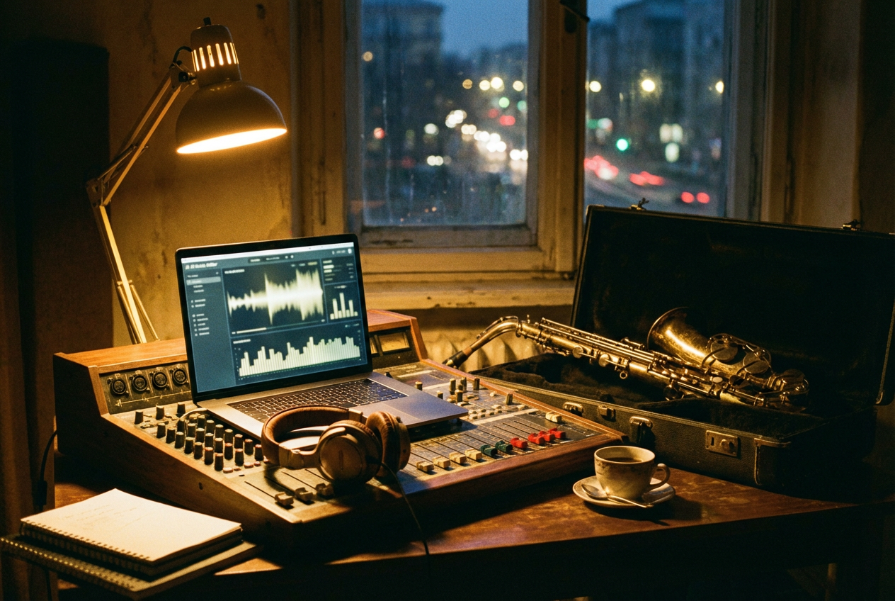 A jazz musician's workspace showing a laptop screen with an AI music video editor interface, headphones resting on a mixing desk, a saxophone laid on the desk beside the laptop, warm desk lamp casting golden light, coffee cup, moody evening atmosphere with city lights visible through a window behind