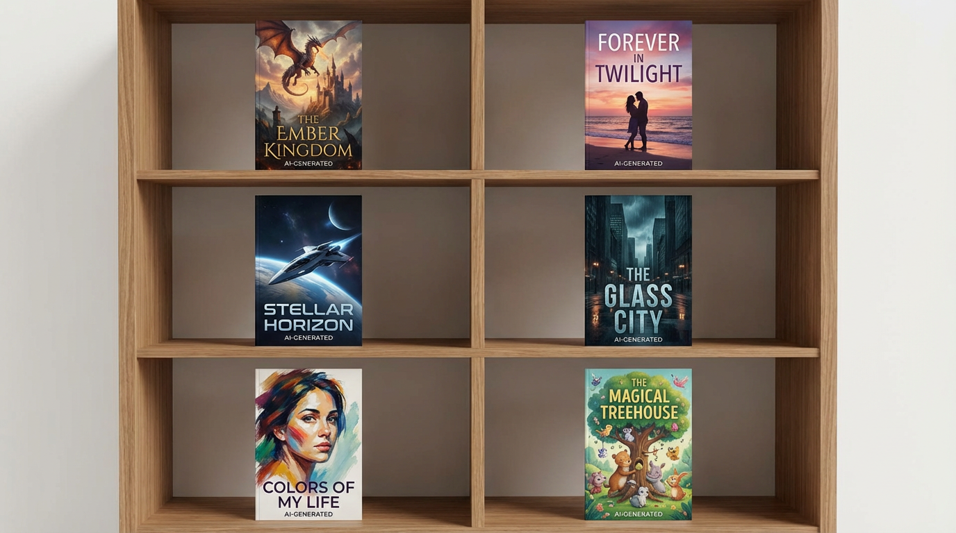 Collection of professional AI-generated book covers in different genres - fantasy, romance, sci-fi, thriller, memoir, and children's book displayed on a modern bookshelf