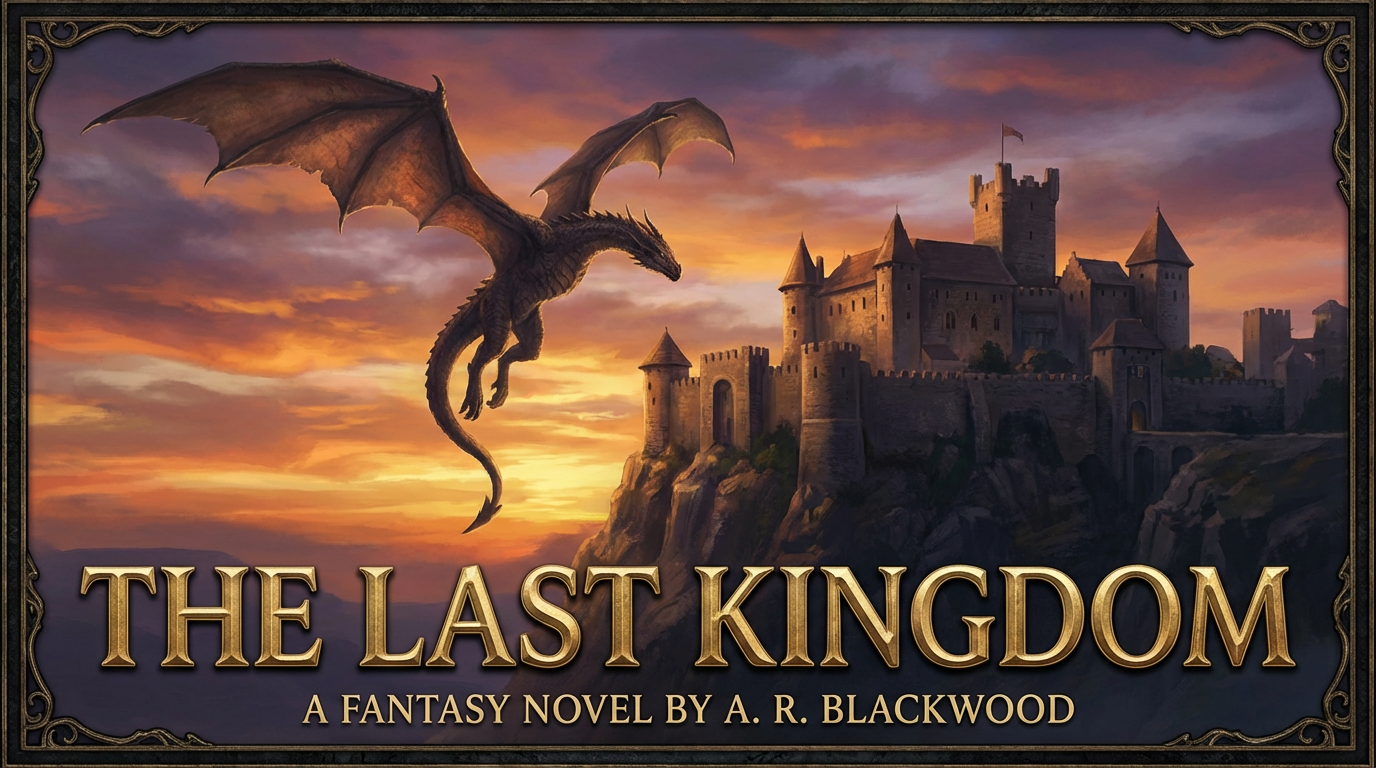 AI-generated fantasy novel book cover with a majestic dragon flying over a castle at sunset, bold title text, professional typography
