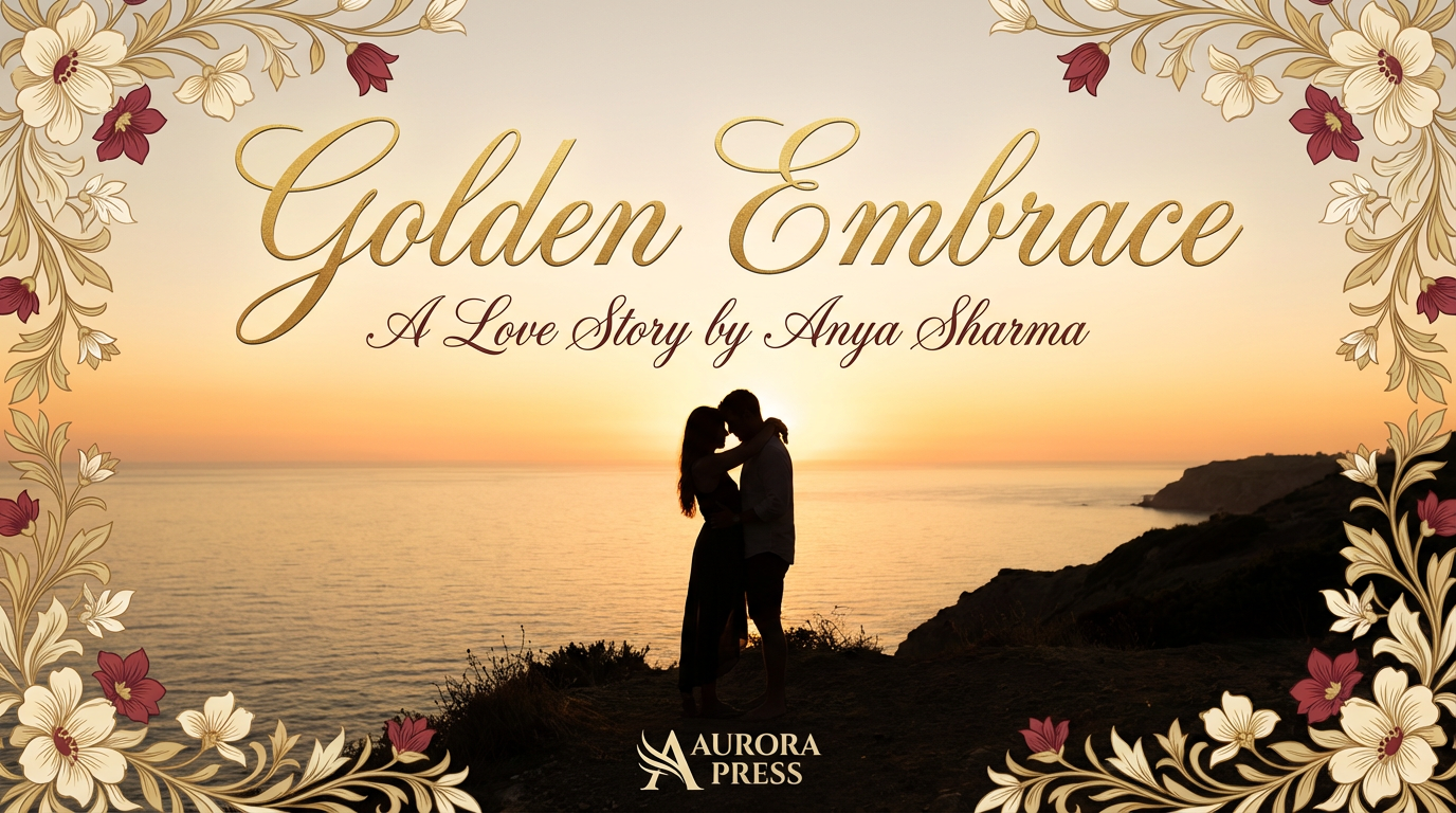 AI-generated romance book cover with elegant couple silhouette against golden sunset, floral border design, beautiful calligraphy