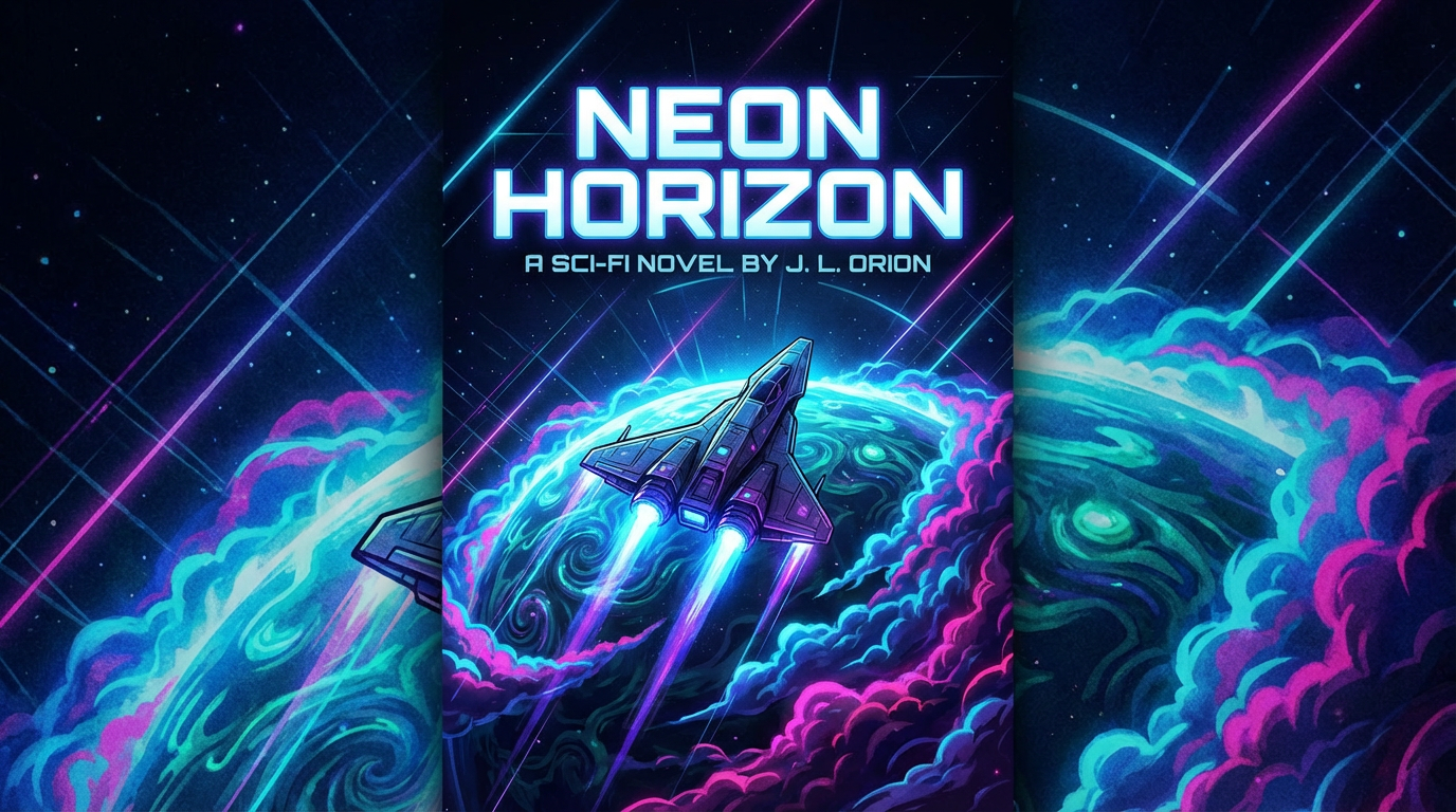 AI-generated sci-fi book cover with futuristic spaceship approaching a glowing planet, cyberpunk color palette, bold modern typography