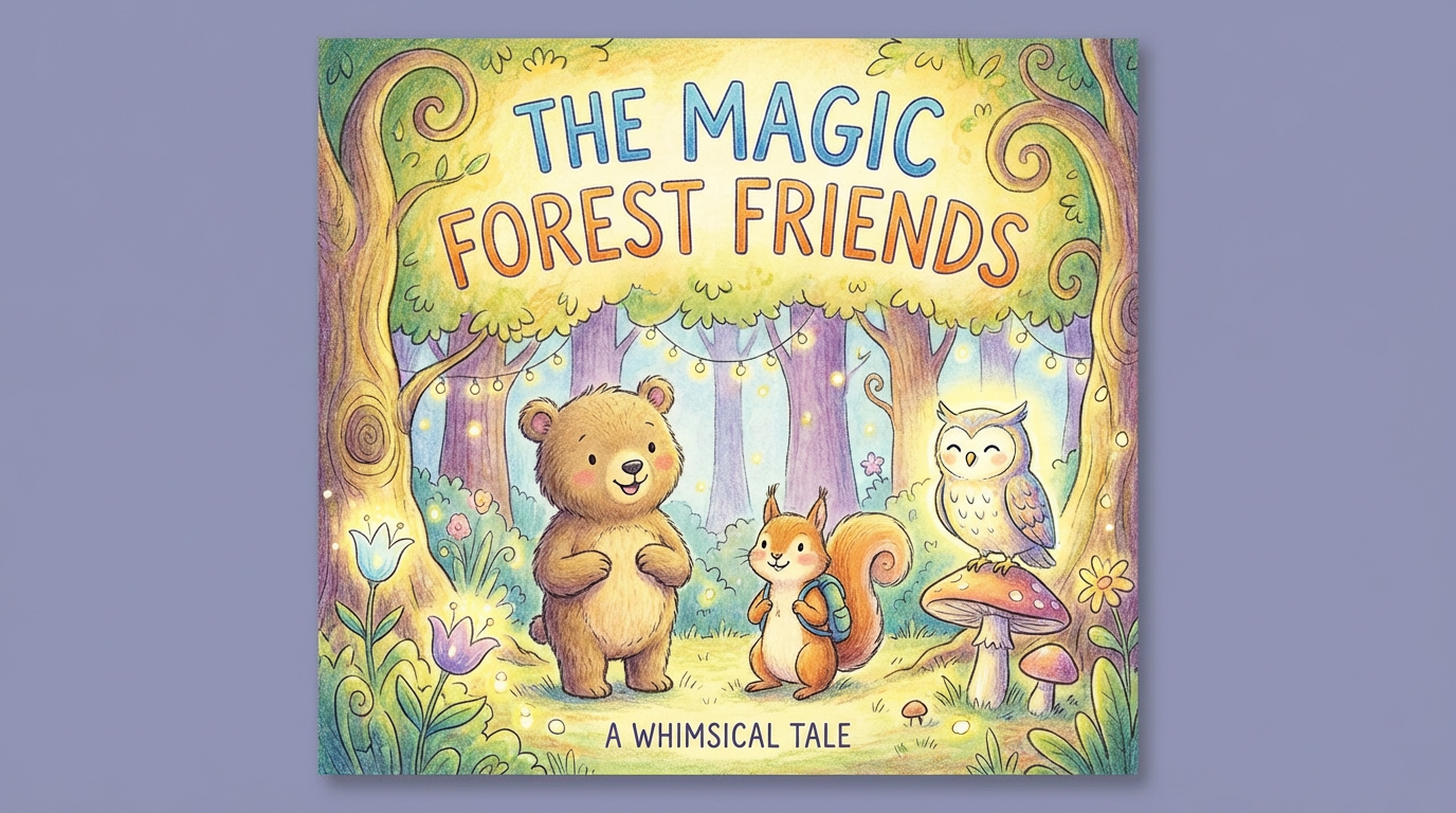 AI-generated children's book cover with adorable cartoon animals in a magical forest, bright cheerful colors, playful lettering