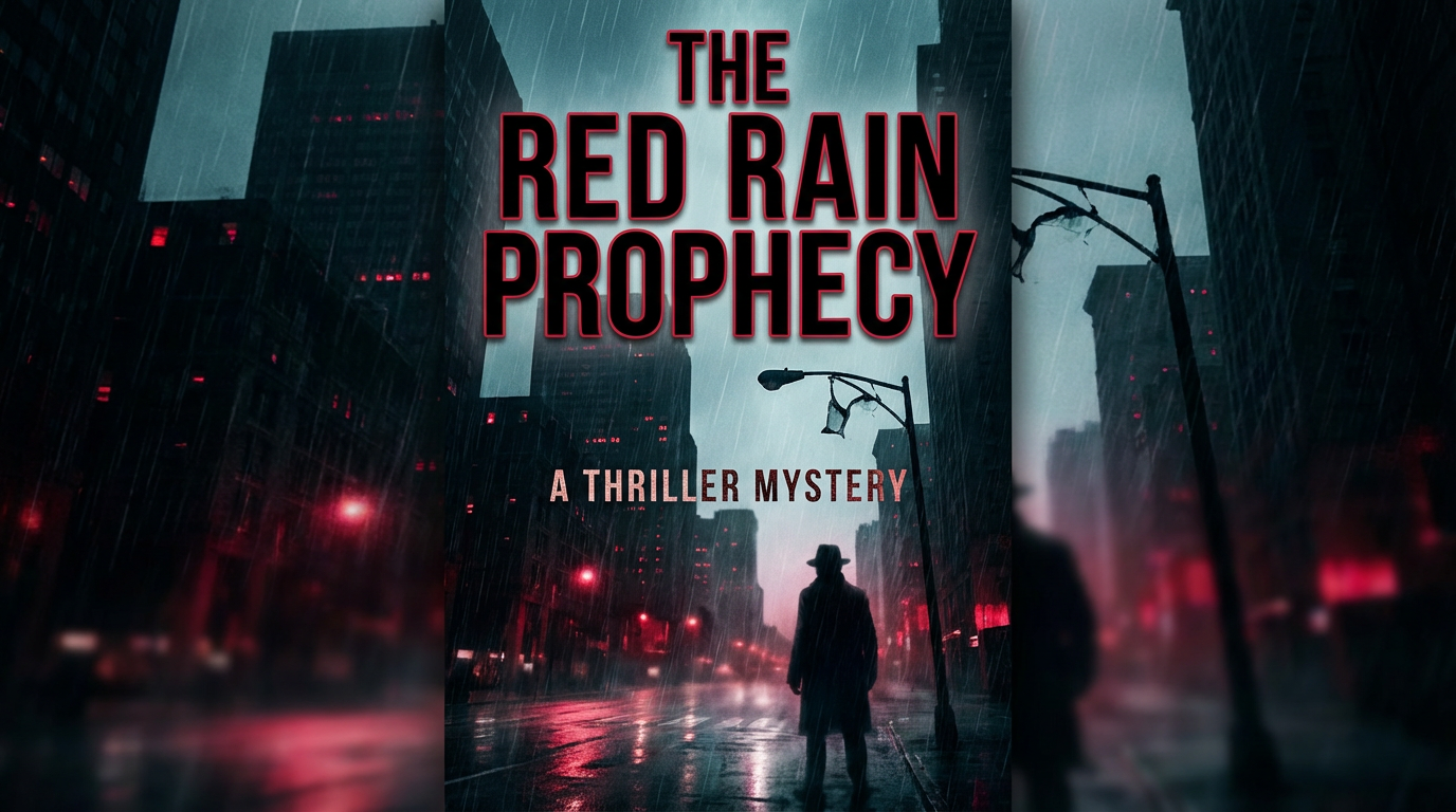 AI-generated thriller mystery book cover with dark moody cityscape at night, shadowy figure silhouette, dramatic red and black color scheme
