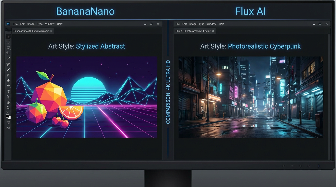 Side-by-side comparison of BananaNano and Flux AI image generation capabilities
