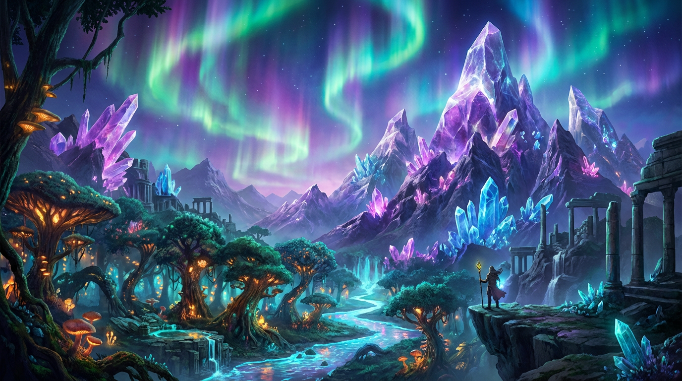 Fantasy landscape with aurora and crystalline mountains generated by AI in ultra detail