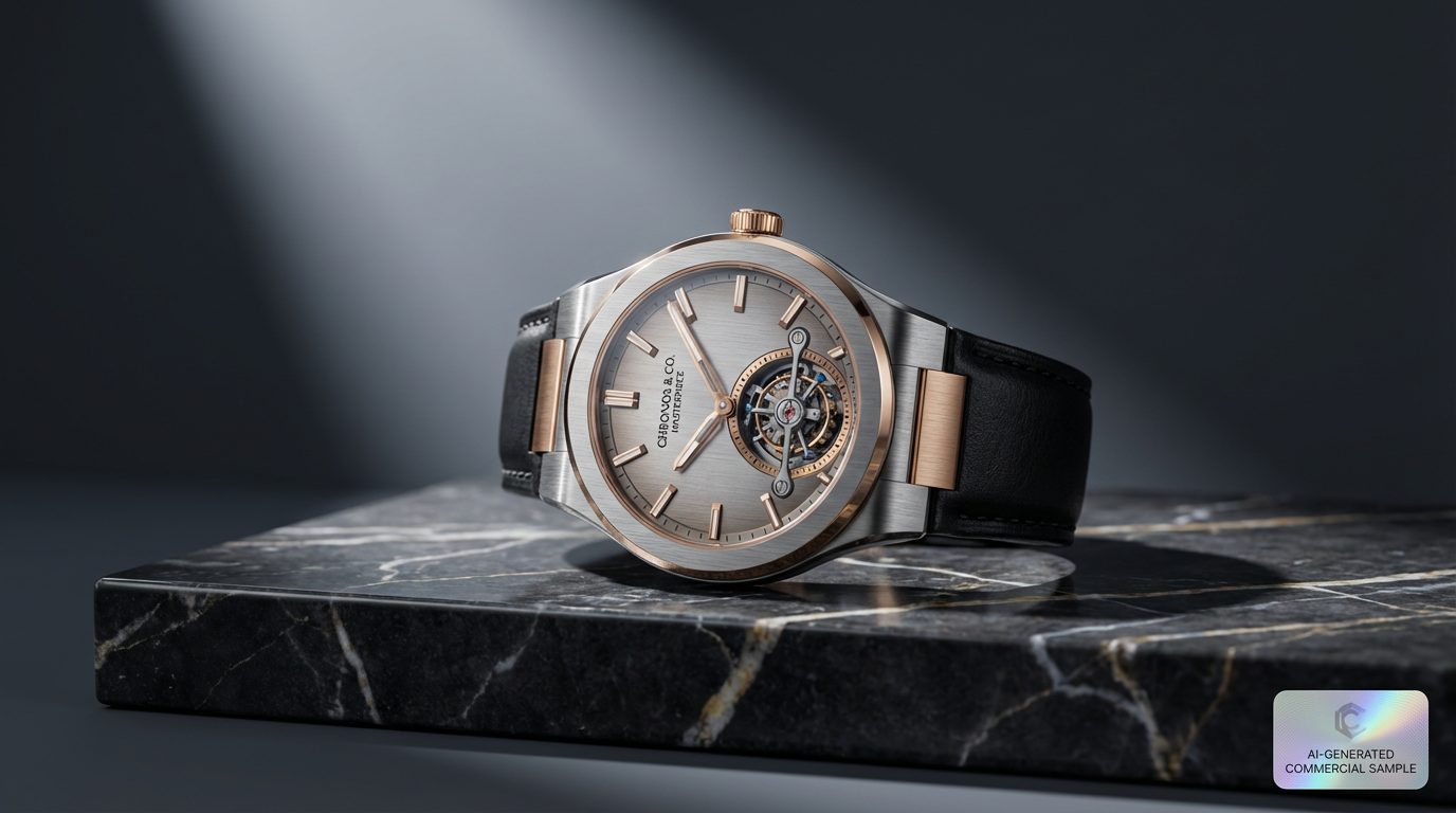 AI-generated professional product photography of luxury watch with dramatic lighting