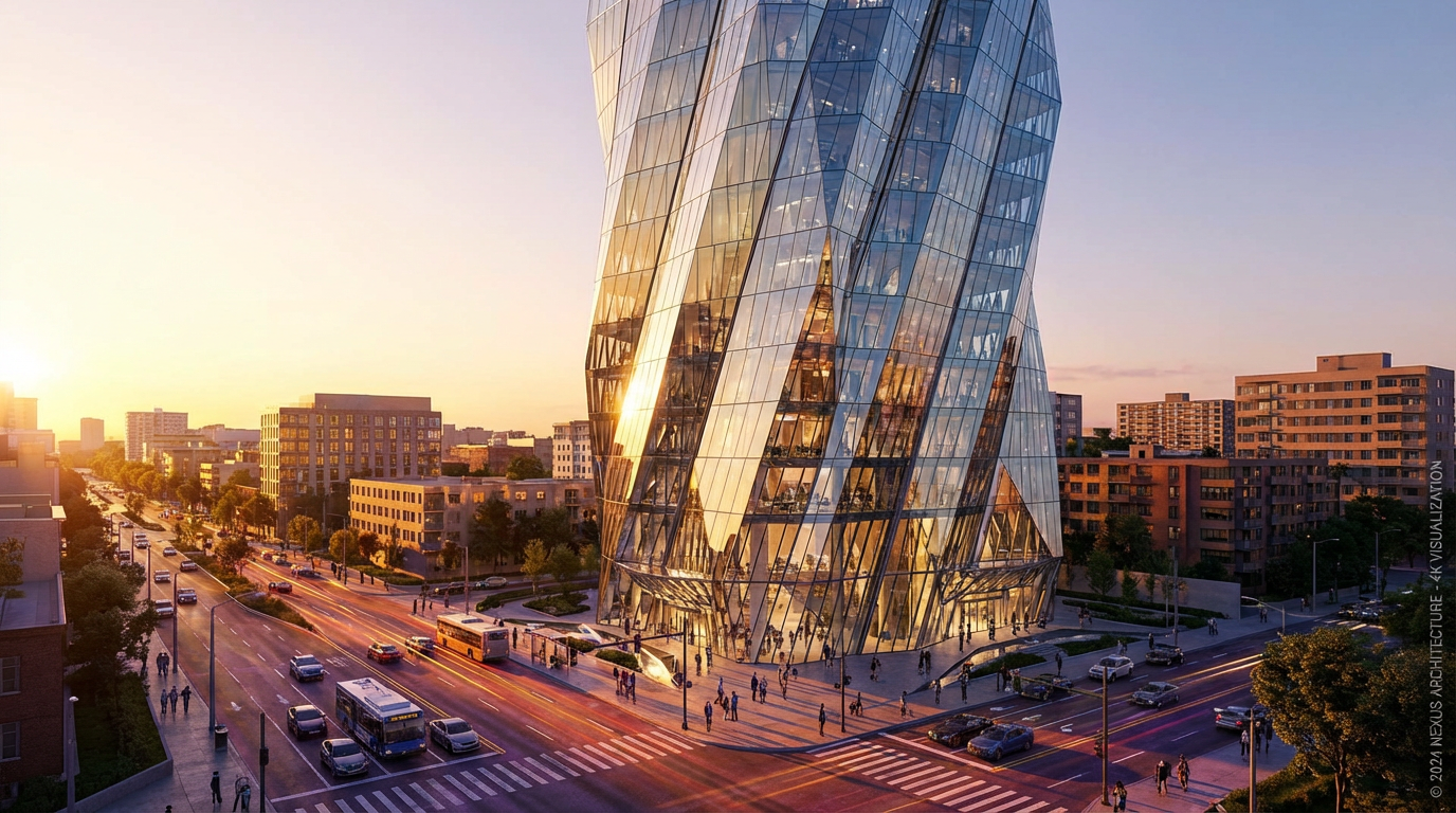 AI-generated futuristic architectural visualization at sunset with photorealistic quality