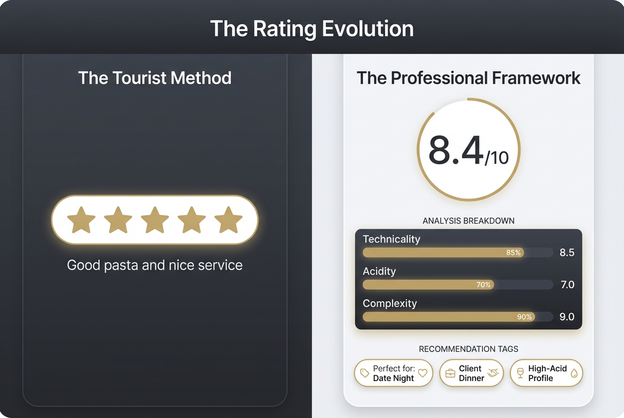 Comparison between a basic 5-star restaurant rating and a professional 10-point scoring system with technical metrics and situational tags.