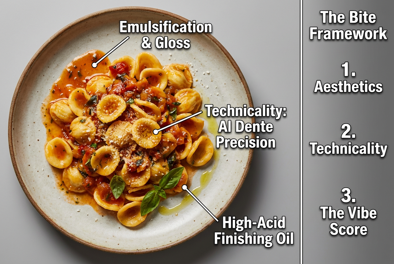 Detailed breakdown of a pasta dish using the Bite Framework, highlighting technical cooking elements and aesthetic plating for food reviews.