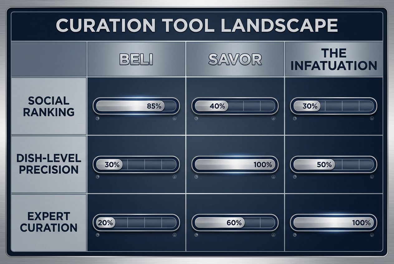 Comparison chart of food review apps Beli, Savor, and The Infatuation based on social ranking, dish precision, and expert curation.