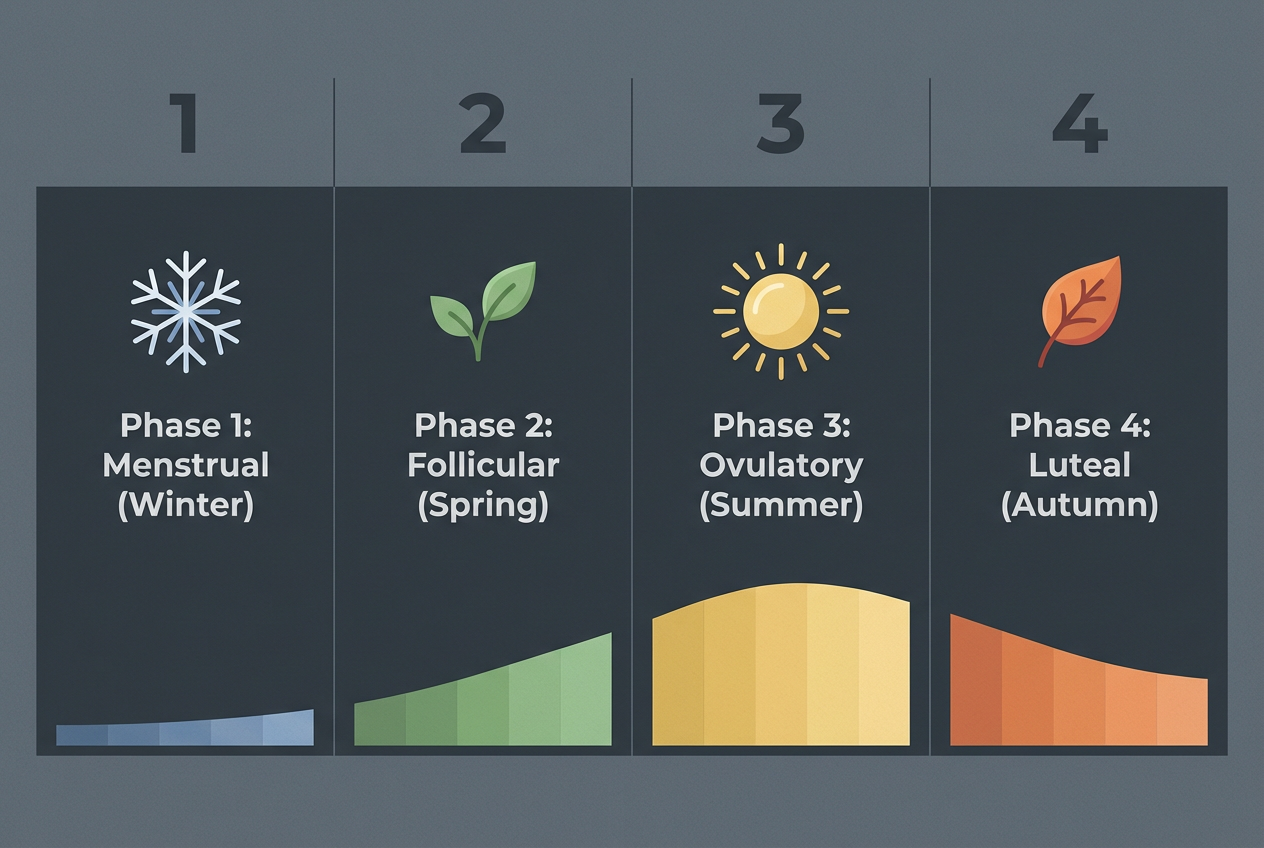 Infographic showing the four phases of the menstrual cycle for men: Menstrual (Winter), Follicular (Spring), Ovulatory (Summer), and Luteal (Autumn).