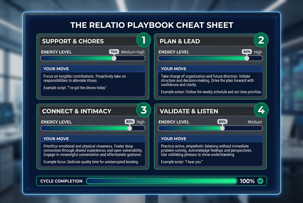 A summary dashboard titled The Relatio Playbook Cheat Sheet providing quick-reference moves for men during each of the four cycle phases.