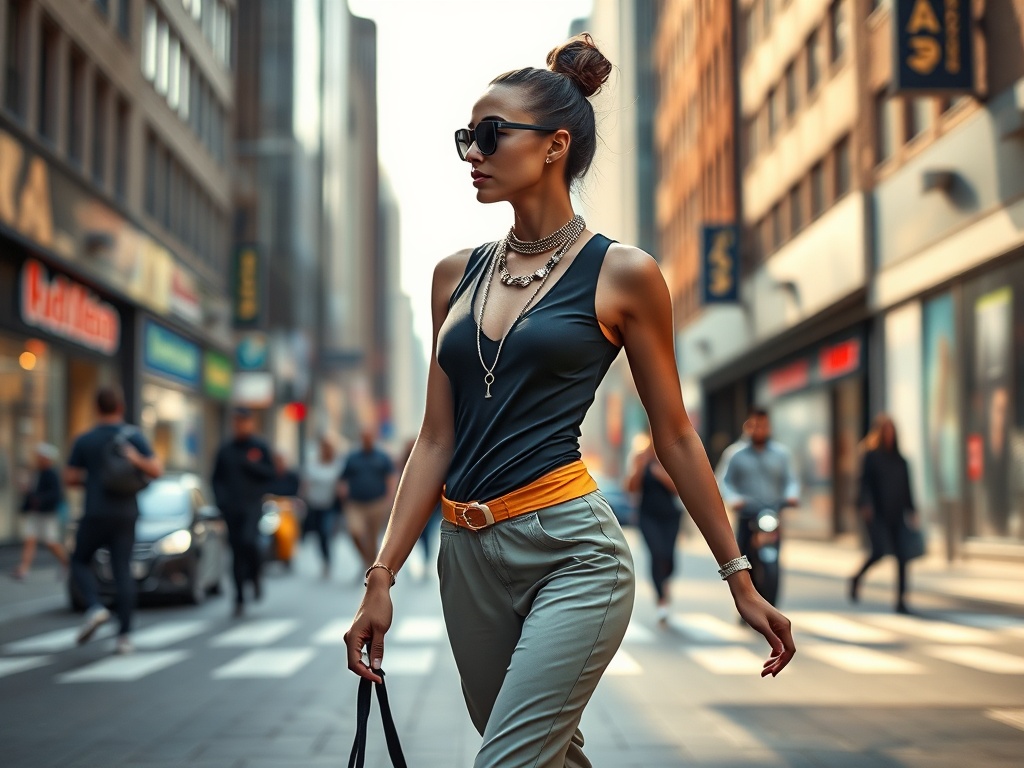 Innovative urban wear, streamlined silhouette with integrated jewelry components, model in motion on a bustling city street, dynamic lighting emphasizing movement, harmonious color palette