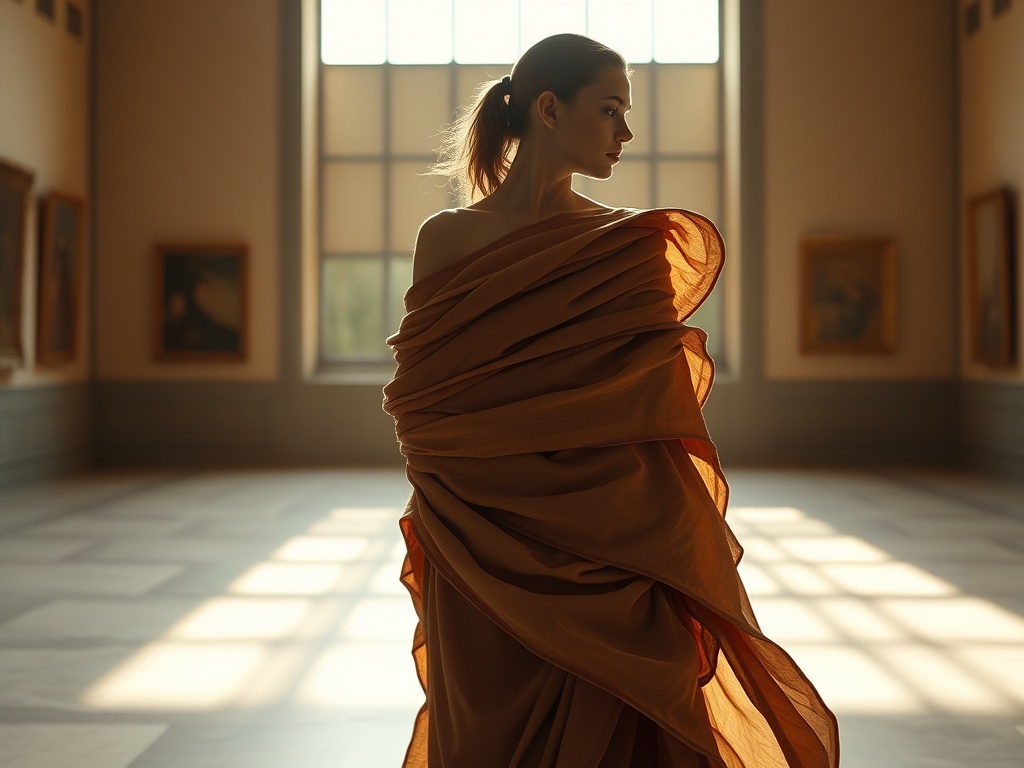 High-fashion editorial, layered relic drape silhouette in soft, textured fabrics, model in a sunlit gallery space, ethereal light illuminating the folds, warm earth tones, rich textile detail