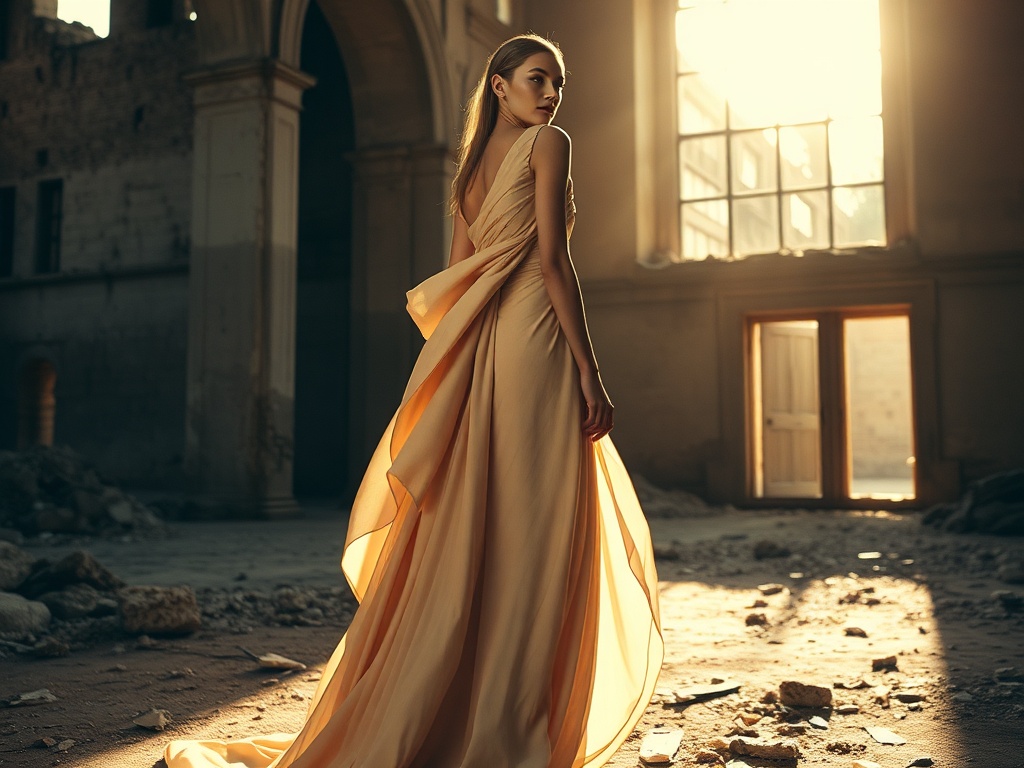 High-fashion editorial, sculptural gown with cascading relic drape, model in a sun-drenched ruin, ethereal light illuminating textured fabric, warm neutral palette