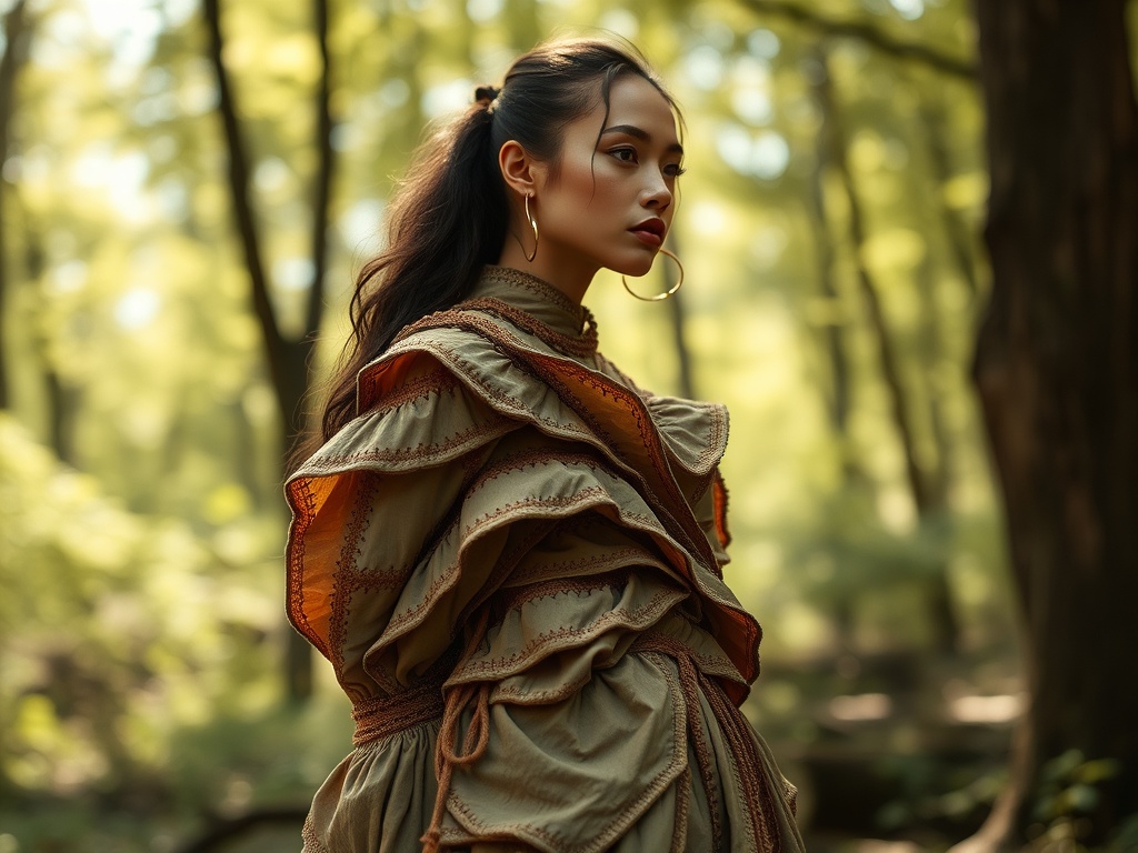 High-fashion editorial, sculptural layered silhouette in muted earth tones, intricate hand-stitched details, model in sun-dappled forest, soft natural lighting, organic textures