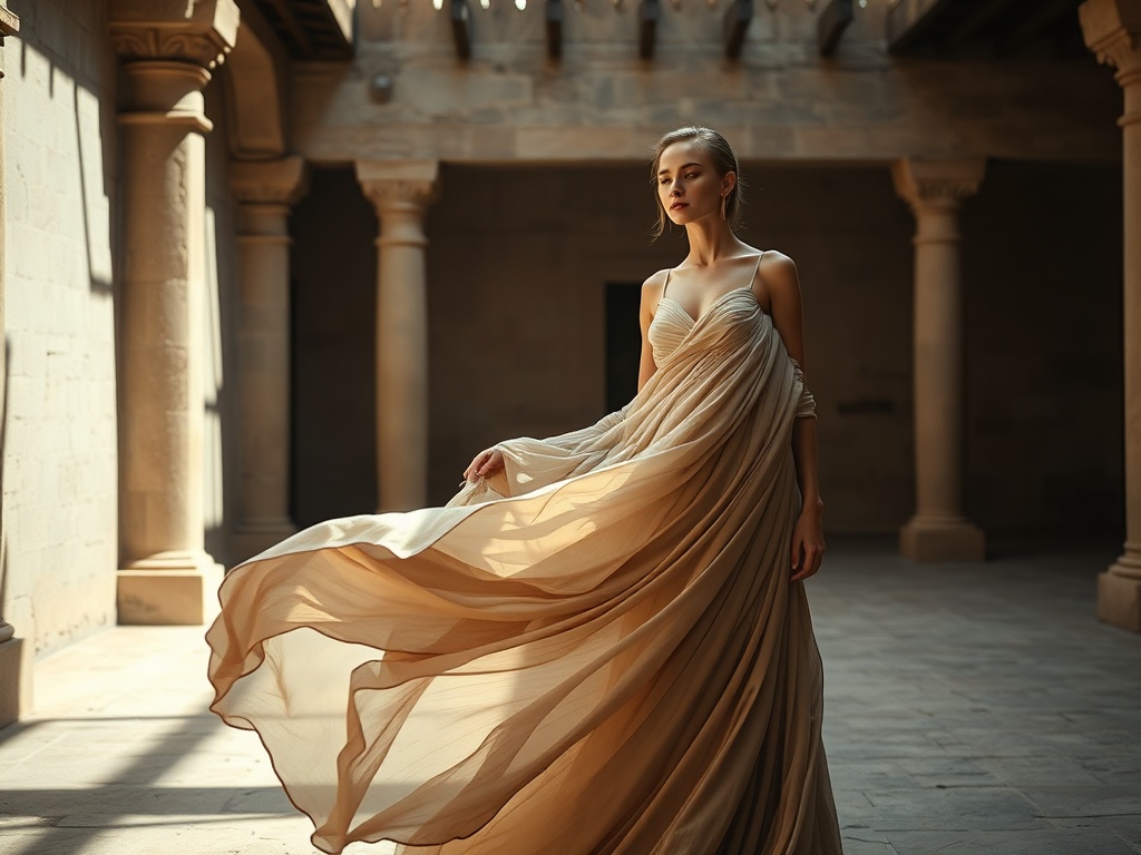 High-fashion editorial, flowing relic drape gown with layered textures, model in a sun-dappled courtyard, soft shadows, muted earth tones, evoking a sense of timeless elegance and cultural resonance.
