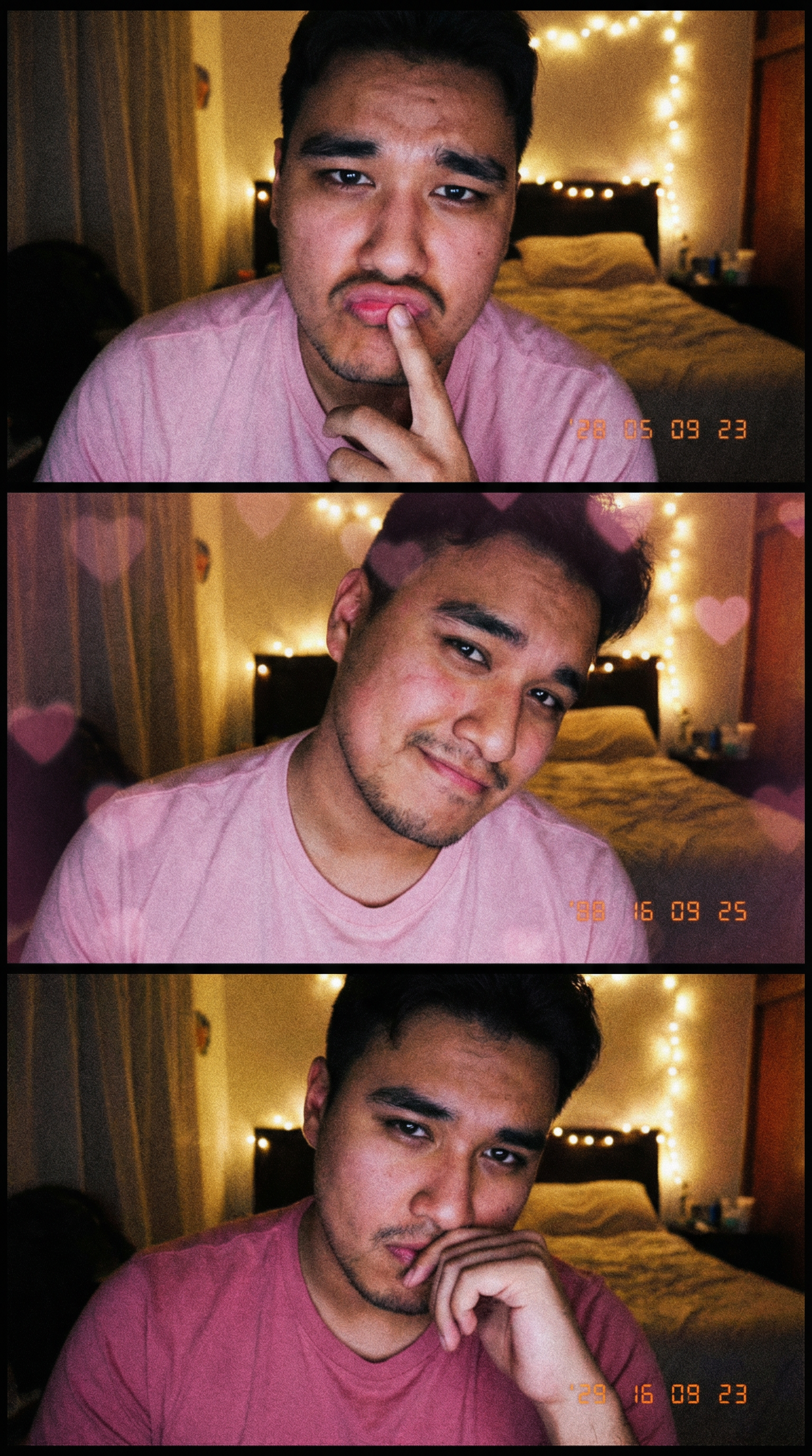 Generate images: Create a low-resolution vertical webcam photo in a 3x1 grid with a 3:4 aspect ratio using the character in the picture. The photo should fill the canvas without borders with a photobooth vibe. The screen light is warm and dim, with a grainy/noisy style and a simple, cozy bedroom background.
First grid: Exaggerated pout, finger near the lips, pink tshirt top.
Second grid: Shy/flirtatious tilt, soft expression, pink heart pattern overlay.
Third grid: Dramatic late-night pose, dark pink tshirt top, hand near the mouth.
The character's clothing and appearance are consistent. | User Input: N/A