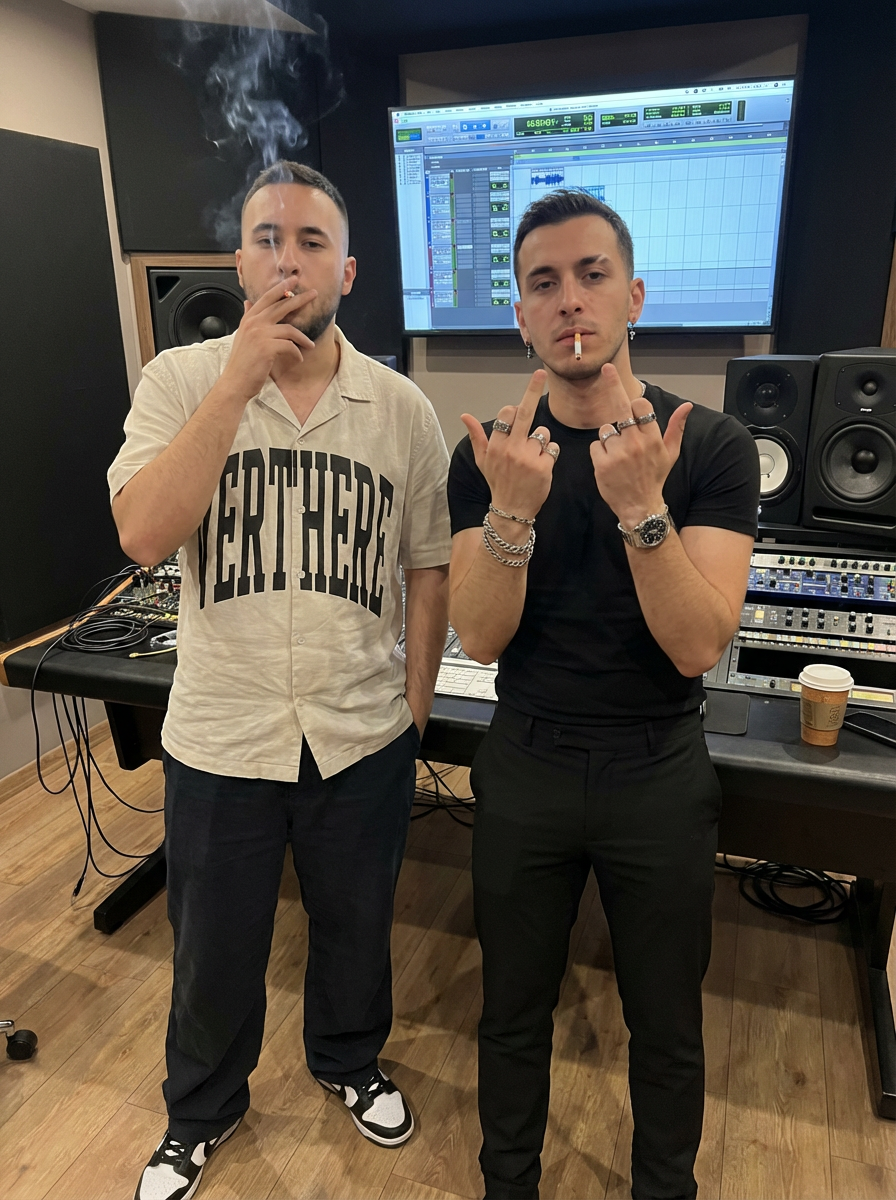 Subject A: [Blank] 
Subject B:[Blank]

The most real and human possible, create an image that looks like a portrait taken by someone else with an iPhone, not a selfie, captured in portrait orientation with a 9:16 aspect ratio. There should be no clear subject or specific composition — just a casual, unintentional snapshot. Subject A stands on the left in front of a large studio desk, wearing a light short-sleeve button-up shirt with oversized black lettering across the front, dark loose pants, and black-and-white athletic sneakers, holding a lit cigarette near the mouth with smoke drifting upward in a messy column. Subject B stands on the right in an all-black look with a fitted short-sleeve T-shirt, black pants, dark shoes, multiple rings, layered chain bracelets, a wristwatch, and small earrings, holding a cigarette in one hand while raising the other hand in a rude gesture toward the camera. The setting is a professional music studio with a central computer monitor showing a DAW session, large studio speakers on both sides, mixing equipment, cables hanging below the desk, wood flooring, dark acoustic wall panels, and a takeaway cup sitting off to the side. It has slight, natural motion blur. No color grading, no stylization, no cinematic look. The tone must be neutral, not too cool, not too warm; The background must be fully sharp and in focus — no bokeh, no depth-of-field effect, no portrait mode. Framing: off-center, a bit crooked, part of the bodies sharply captured; all images aspect ratio should be portrait 9:16. It must not look AI-generated, but rather like it was taken by a real person. [DO NOT CHANGE SUBJECT/S' FACIAL FEATURES] | User Input: N/A