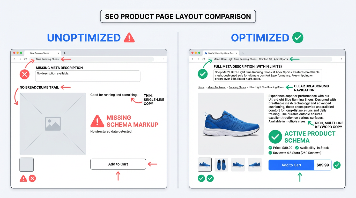 Comparison of unoptimized vs optimized ecommerce product page SEO elements