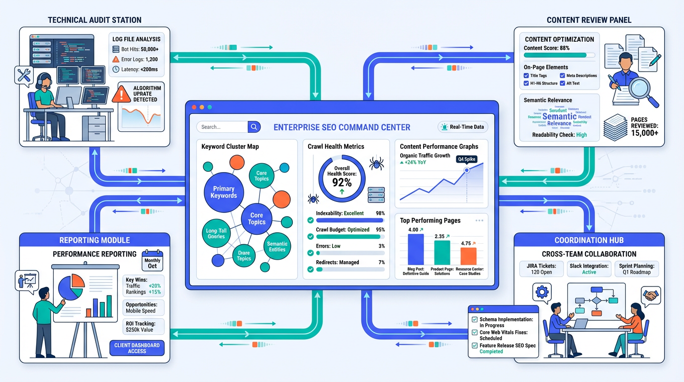 Enterprise SEO team workflow and platform dashboard illustration