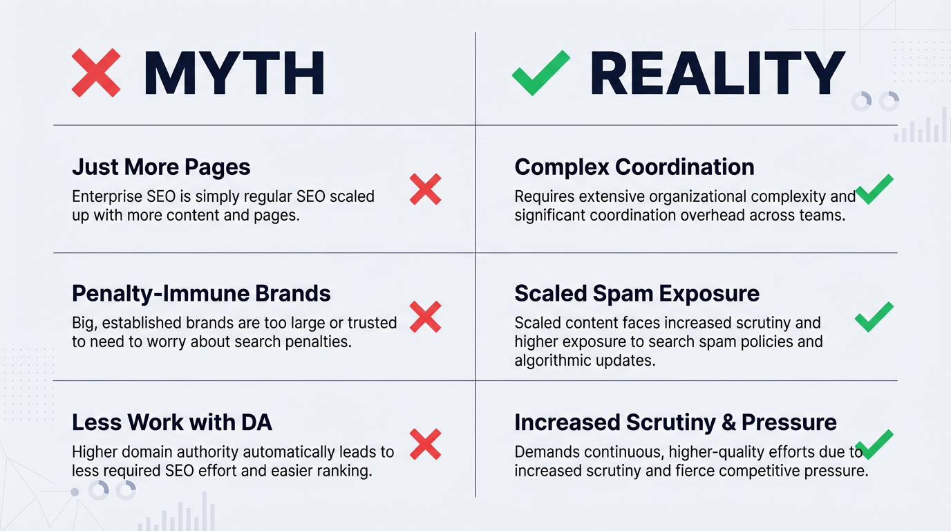 Enterprise SEO misconceptions versus reality comparison infographic