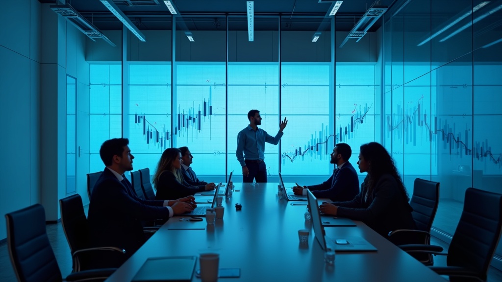 Startup founders reviewing financial projections with a fractional CFO in a modern boardroom