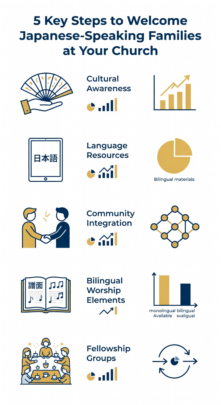 Infographic showing 5 steps to welcome Japanese-speaking families at your church