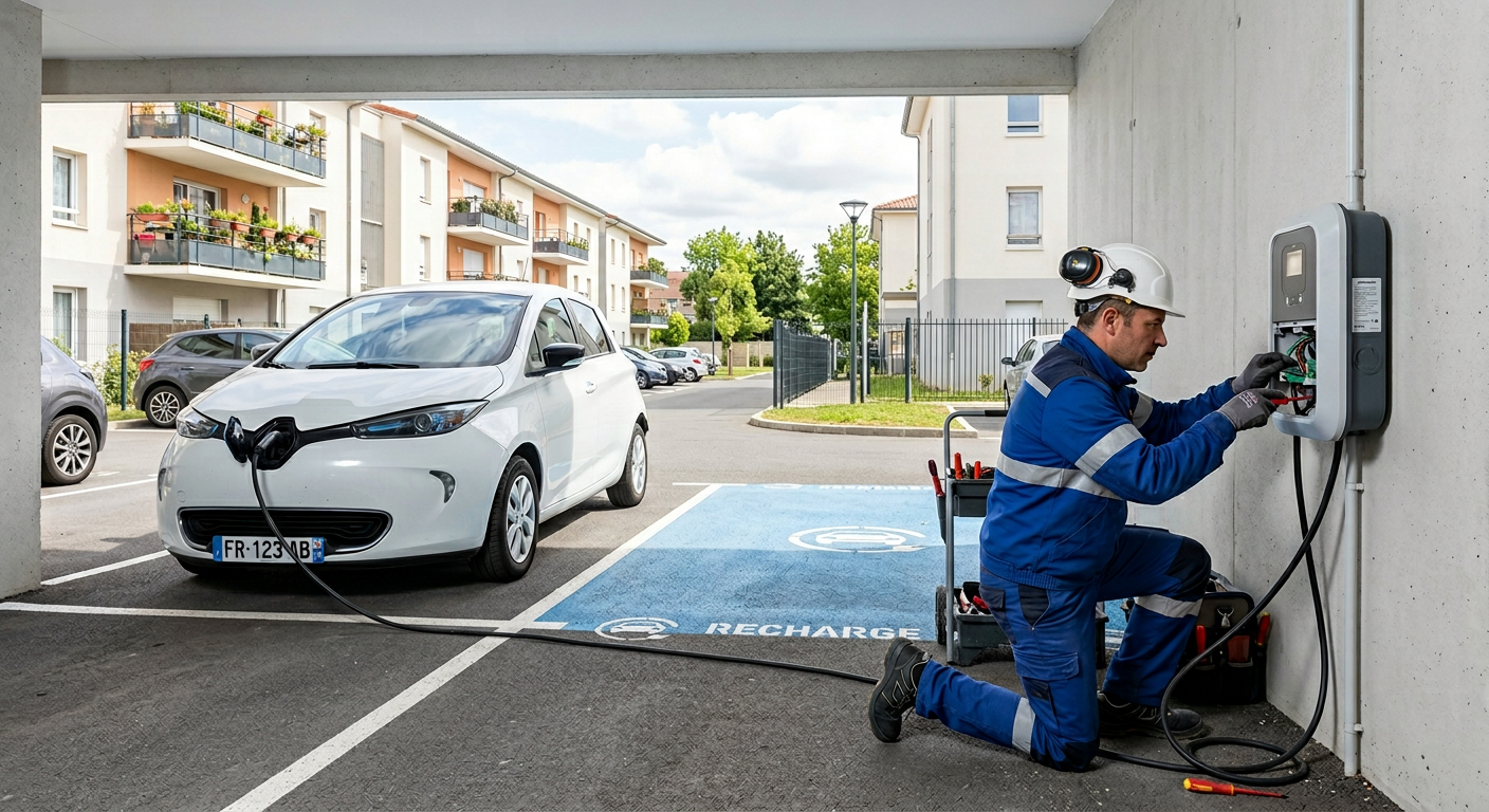 Installateur professionnel en tenue installant une borne de recharge électrique IRVE dans un parking de logement social sécurisé.