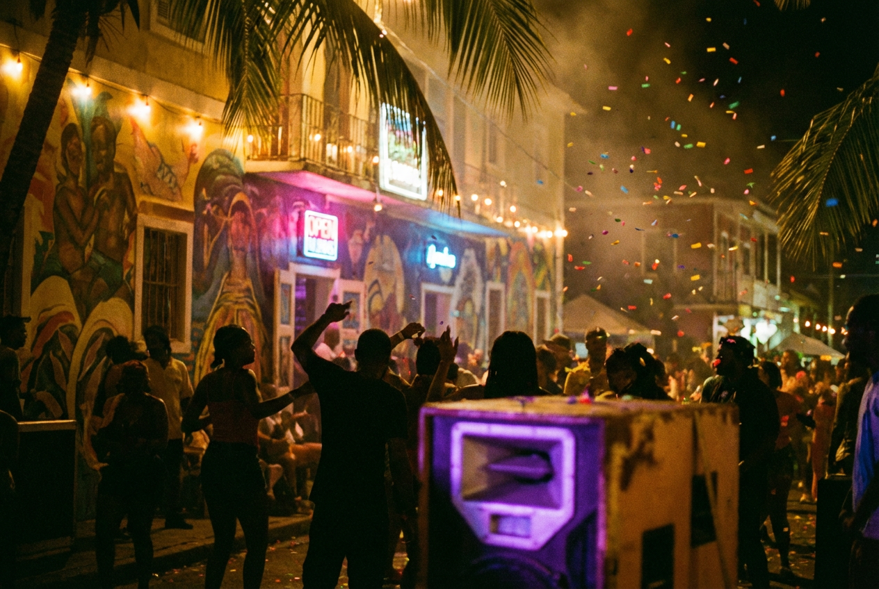 alt text: AI-generated reggaeton music video frame showing a neon-lit street party