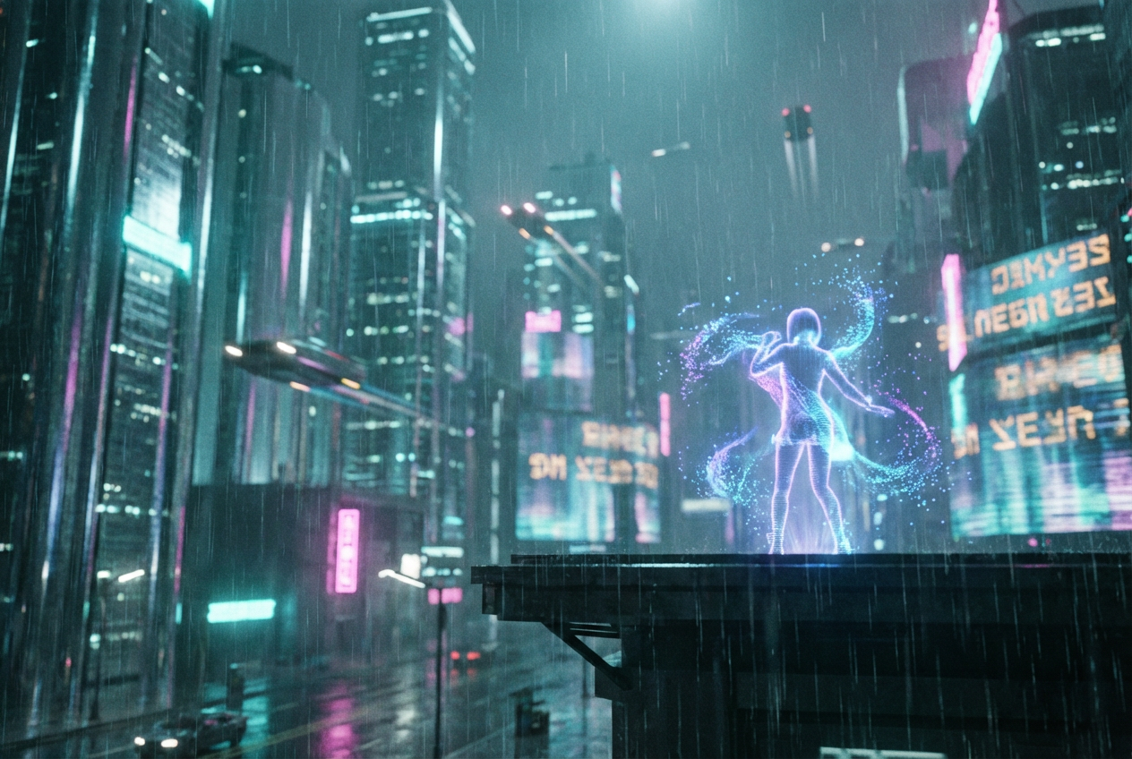 alt text: AI-generated 3D futuristic Latin music video scene
