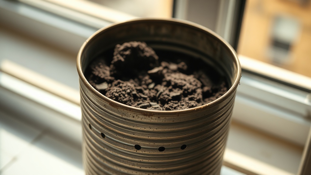 A pragmatic urban planting setup using an old coffee can with drainage holes, filled with dark potting mix by a sunlit window.