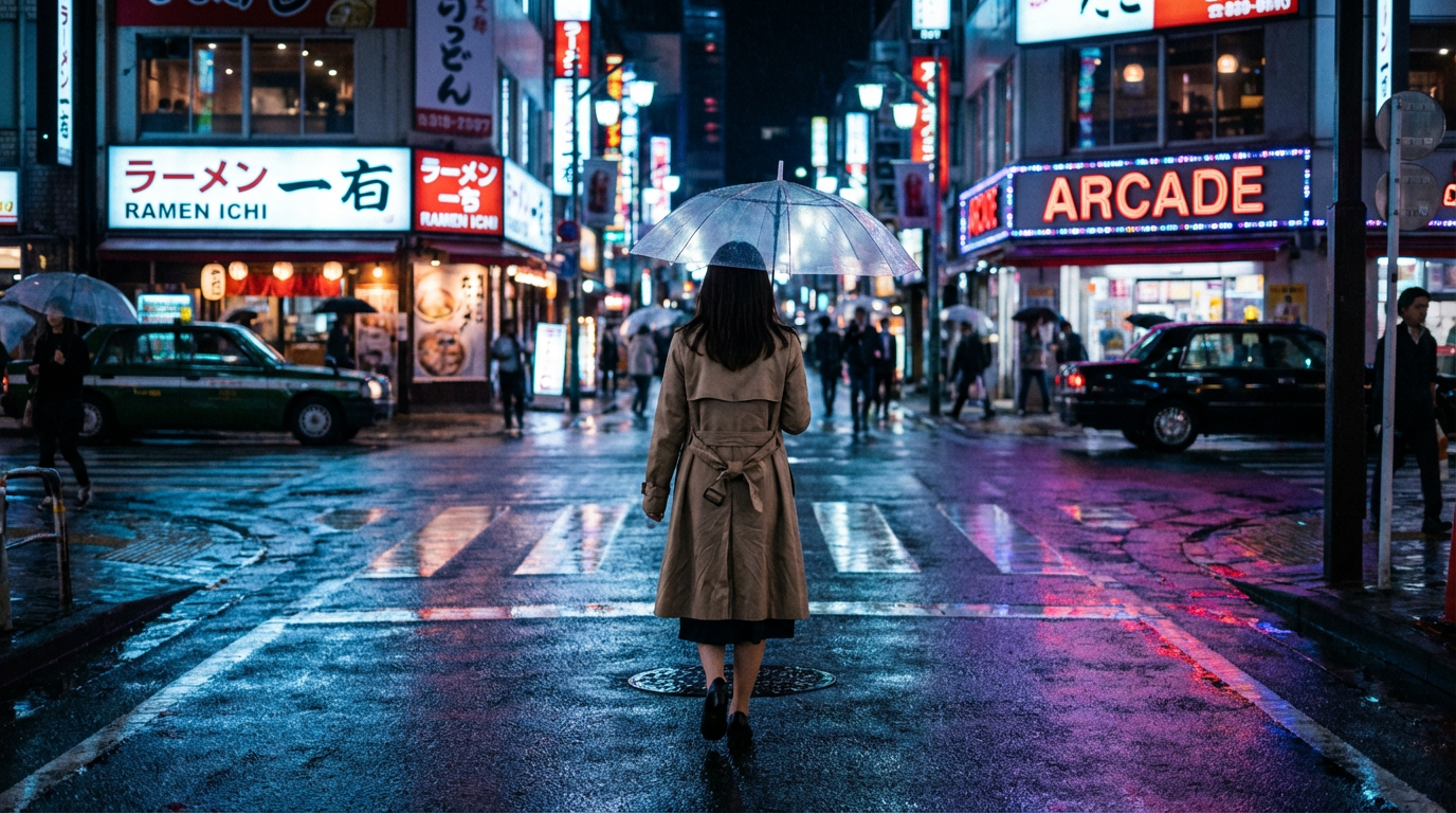 AI-generated cinematic video scene of a woman walking through neon-lit Tokyo streets