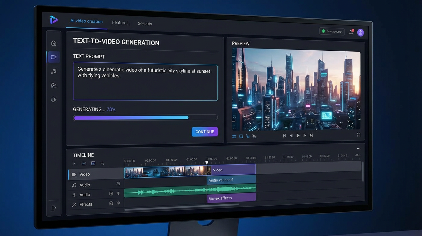 Professional AI video creation interface with text-to-video generation workflow