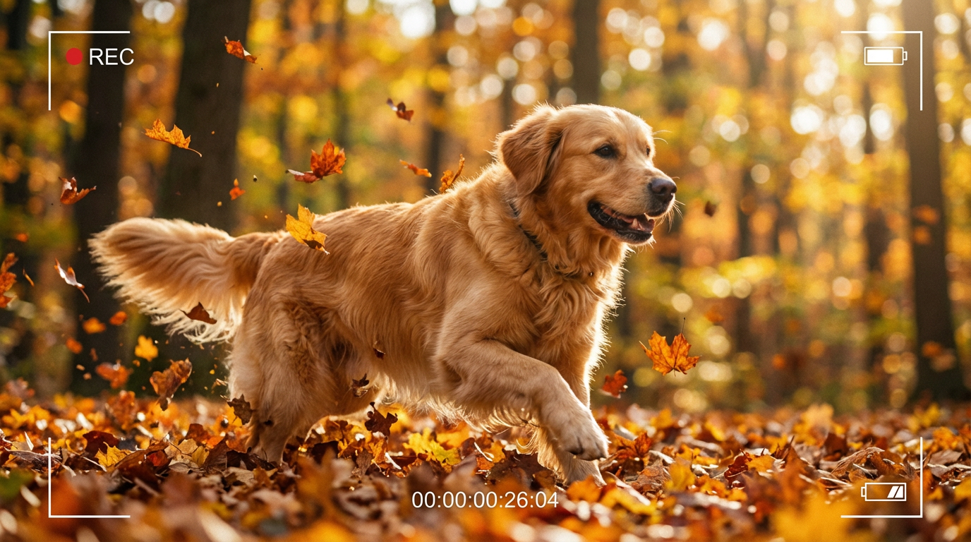 AI-generated cinematic video frame of golden retriever running through autumn leaves