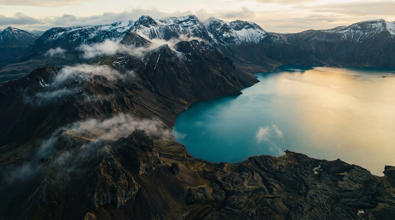 AI-generated dramatic aerial landscape with volcanic mountains and crystal lake