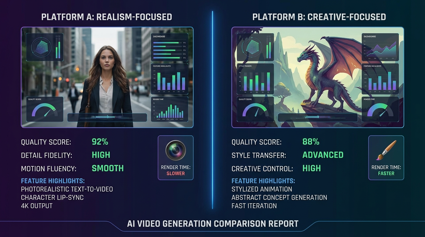AI video generation platform comparison with quality metrics and feature highlights