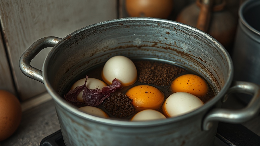 Close up of red onion skins and coffee grounds used as natural earthy egg dyes in a metal pot.