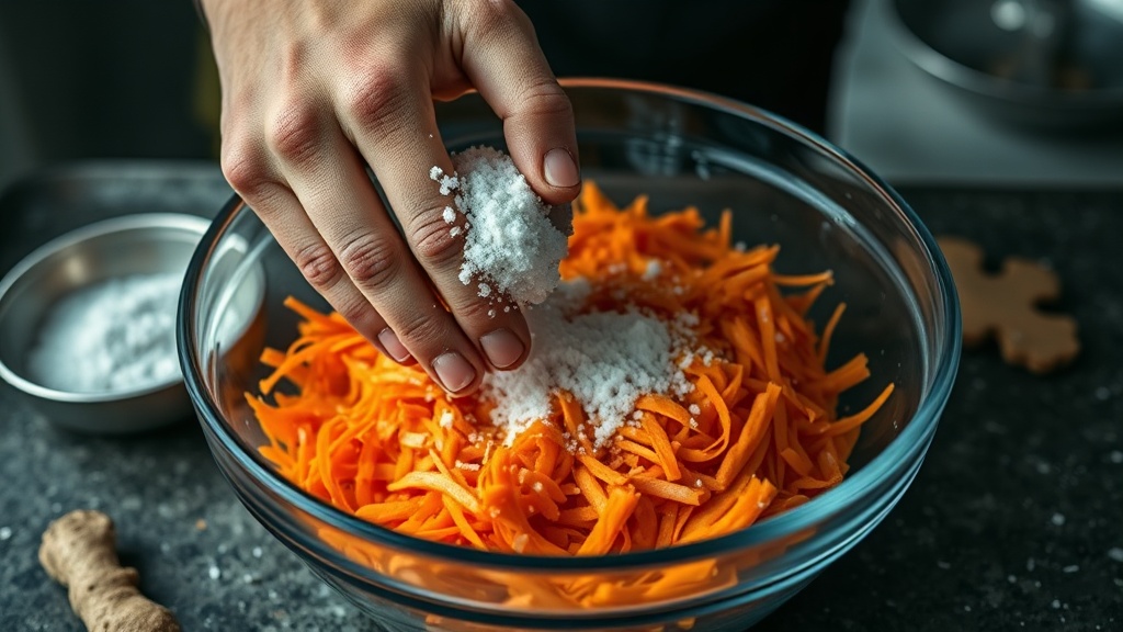 Massaging salt into carrot and ginger scraps