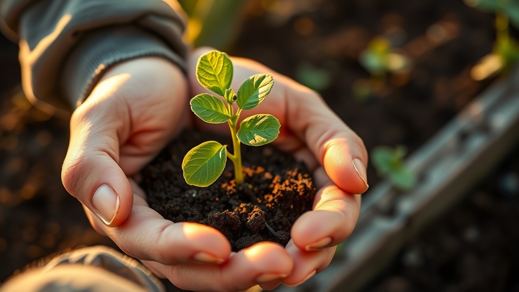 Hands gently holding a small plant sapling with soil, ready for planting.