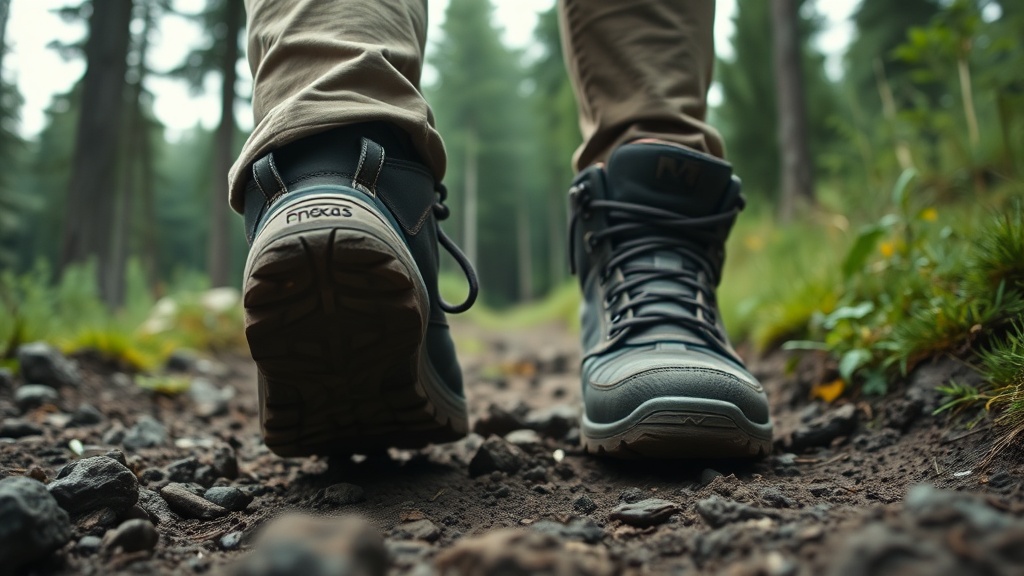 First-person view of worn hiking boots walking on a rough, muddy trail in a Pacific Northwest state park