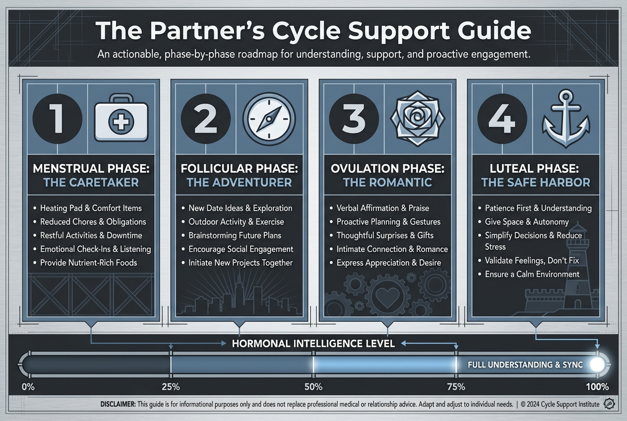A four-column infographic titled The Partner's Cycle Support Guide detailing relationship strategies for each phase of the menstrual cycle.