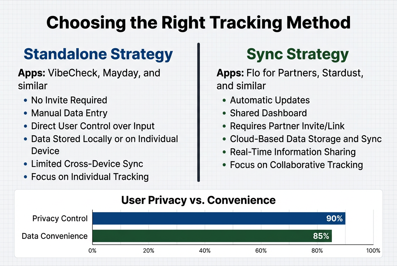 Comparison chart for period tracker apps for boyfriends, distinguishing between standalone manual entry and synced automatic sharing options.