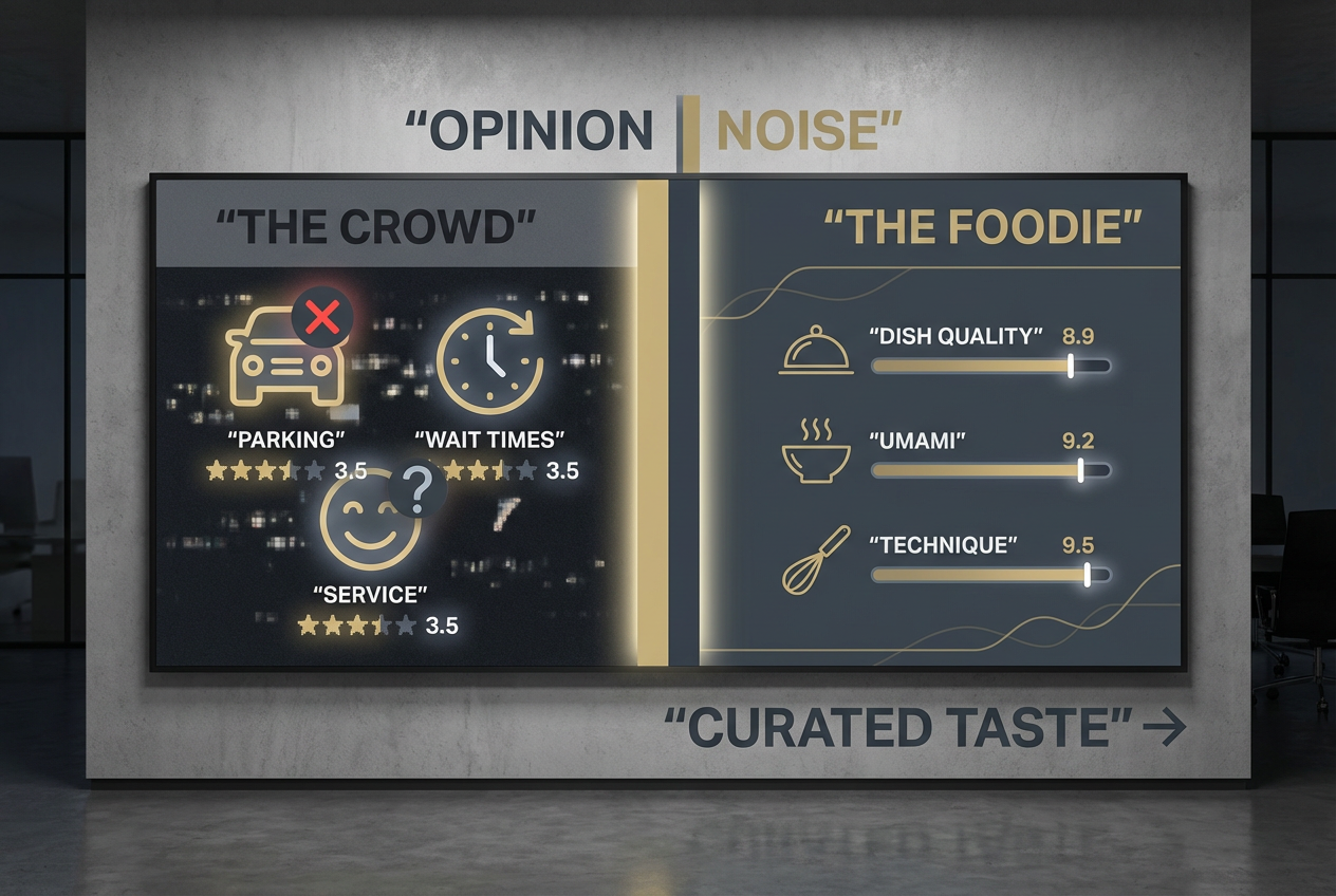 Comparison between mainstream review apps and foodie-centric platforms, highlighting the shift from general noise to curated food quality data.