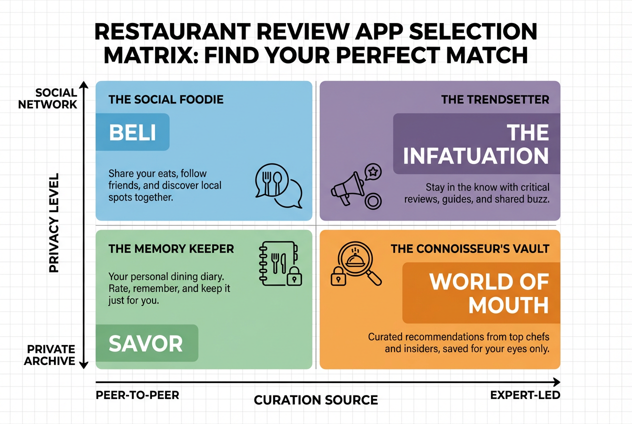 A 2x2 decision matrix comparing restaurant review apps based on privacy levels and the source of curation, featuring Beli, Savor, and World of Mouth.