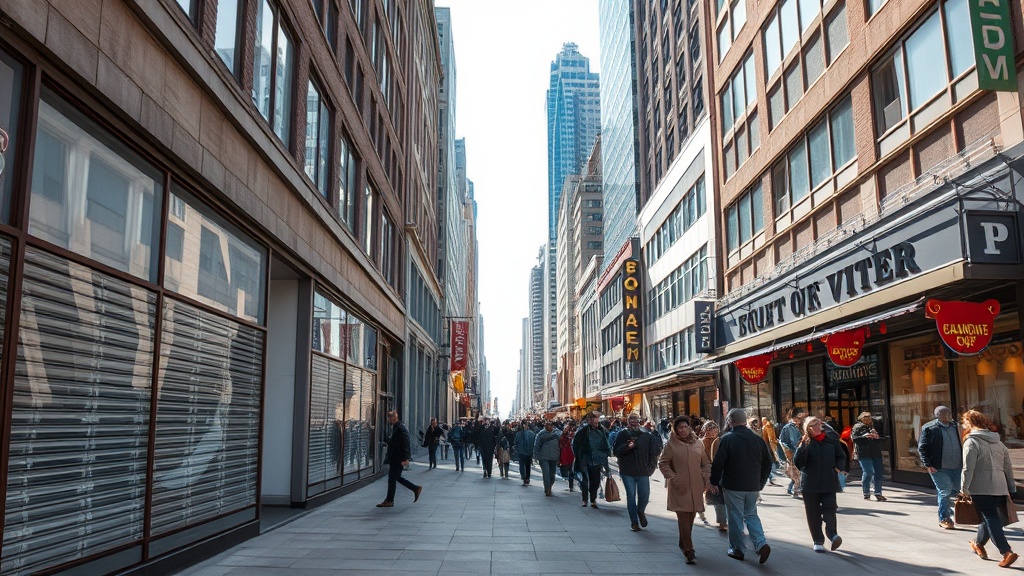 Capture a Canadian city skyline on Good Friday, showing closed storefronts beside a bustling street, illustrating the holiday's impact with a mix of empty shops and open public spaces bustling with people. Bright daylight, reflecting the holiday atmosphere.
